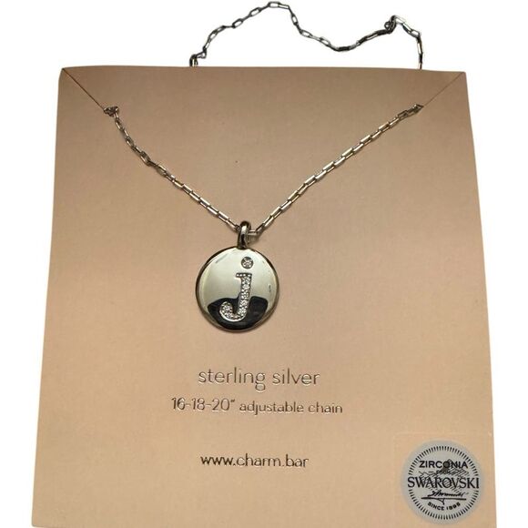 Charm Bar Sterling Silver Initial J Necklace with Swarovski Crystals - Picture 1 of 3